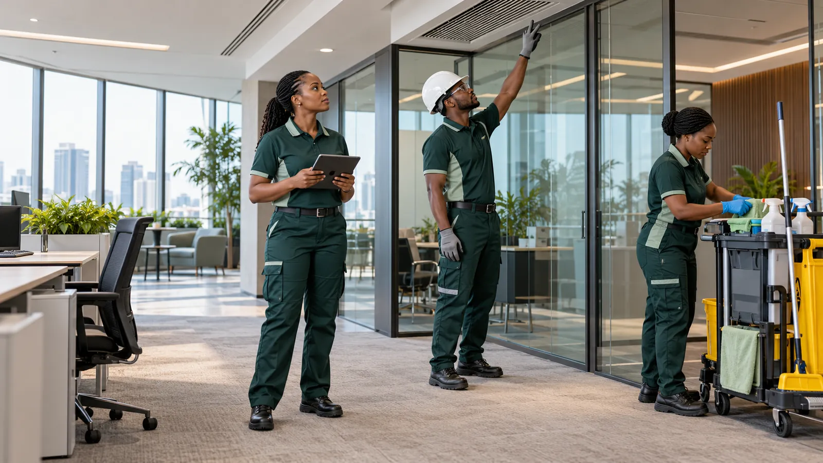 Three PurifiCare technicians in an open-plan office: one reviews a tablet checklist, one inspects a ceiling vent and one prepares a cleaning trolley